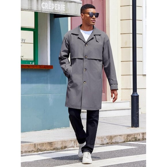 💫 Men Grey Mid Long Trench Coat Single Breasted Slim Fit Casual Fall Jackets - Picture 4 of 5